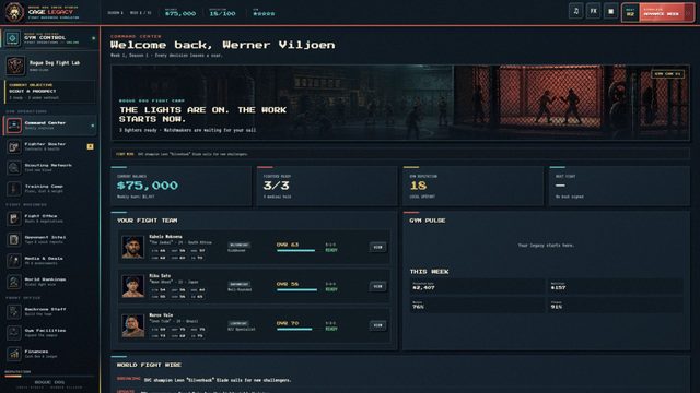 Cage Legacy: the command centre dashboard showing balance, roster and weekly objectives
