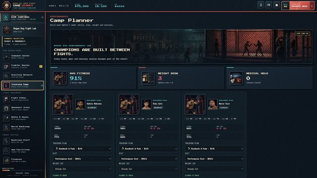 Cage Legacy: the training camp screen with per-fighter plans