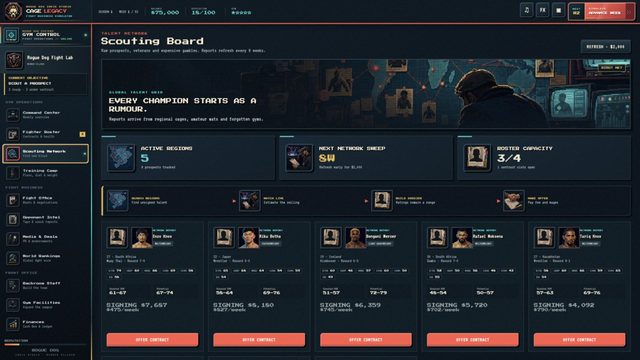Cage Legacy: the scouting network, showing opponent reports and rumours
