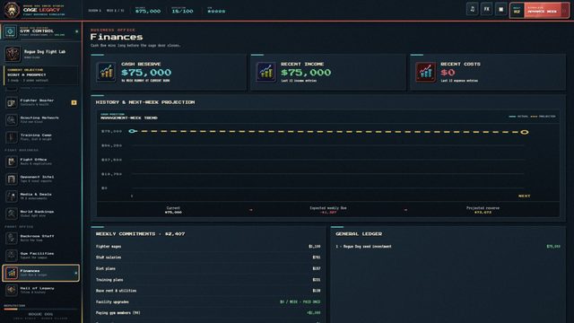 Cage Legacy: the finances screen tracking gym cash flow