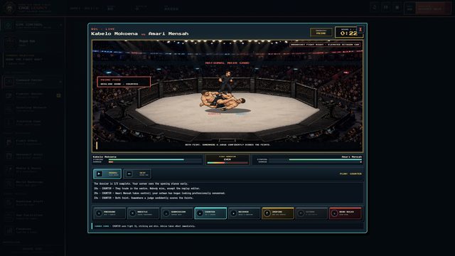 Cage Legacy: broadcast fight night, with two fighters on the mat and corner tactics below