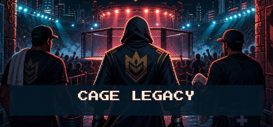 Cage Legacy key art: three cornermen in a floodlit pixel-art arena walking toward the cage.