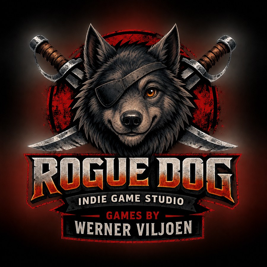 Rogue Dog Indie Game Studio — games by Werner Viljoen. An eyepatched wolf's head over crossed sabres on a red badge.