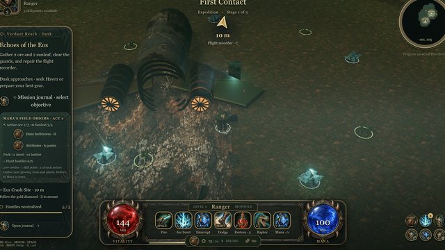Primeval: Ironwild gameplay: the Eos crash site at dusk, its engines still glowing, with loot and gathering nodes scattered across the debris field.