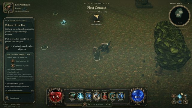 Primeval: Ironwild gameplay: a Ranger engaging a hostile in Verdant Reach at dusk, with the mission journal and ability bar visible.