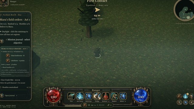 Primeval: Ironwild gameplay: exploring Verdant Reach in daylight, following the objective marker toward an aether ore vein.