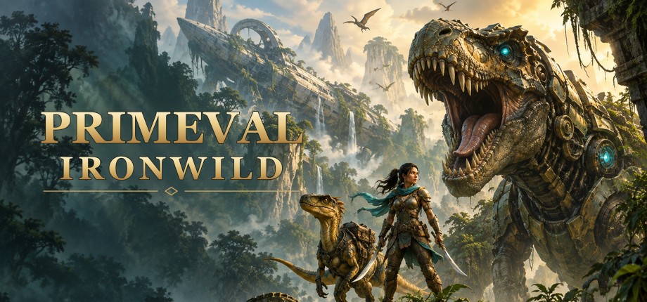 Primeval: Ironwild key art: a Pathfinder and her raptor standing on a jungle ridge as an armoured mechanical tyrannosaur rears over them.