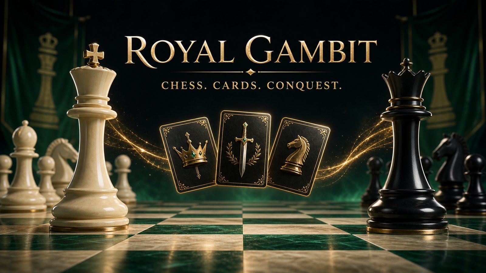 Royal Gambit key art: a white king and black queen facing off across a green marble board with three gold-edged cards between them.