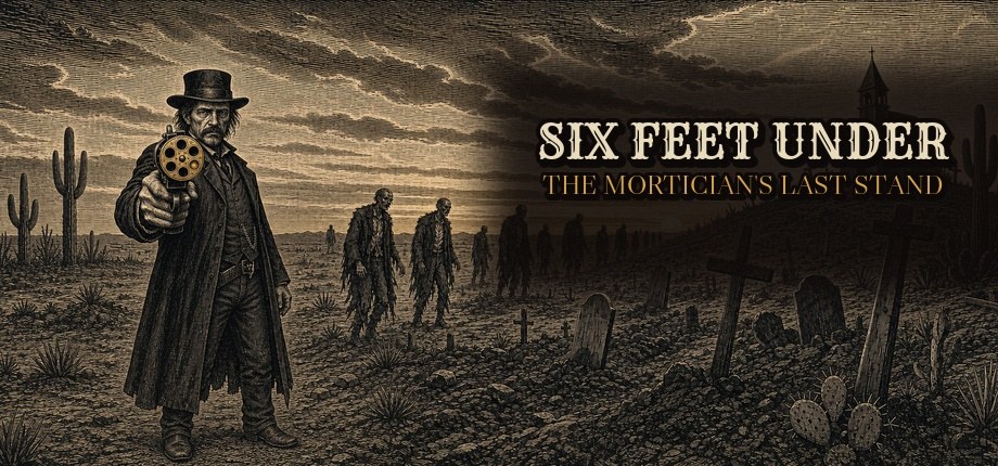 Six Feet Under key art: a six-chamber revolver cylinder over a Western burying ground.